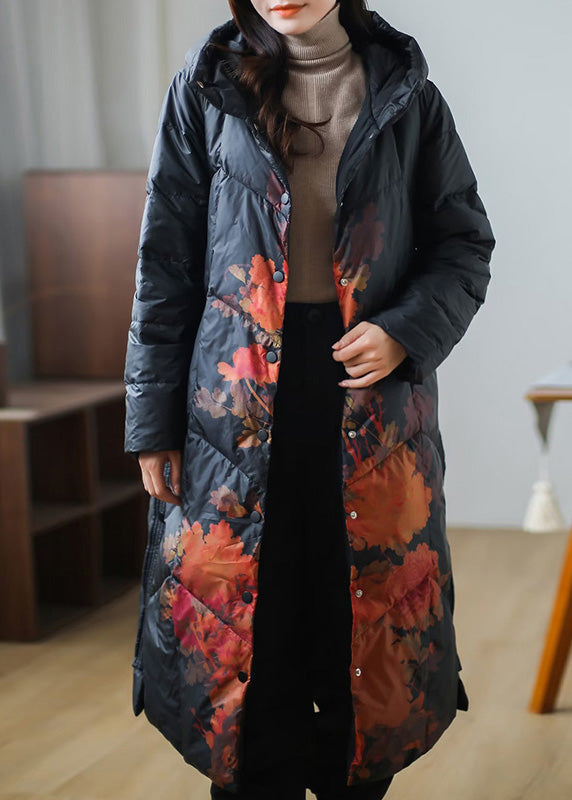 Plus Size Black Print Warm Fleece Thick Duck Down Long Down Coat Winter