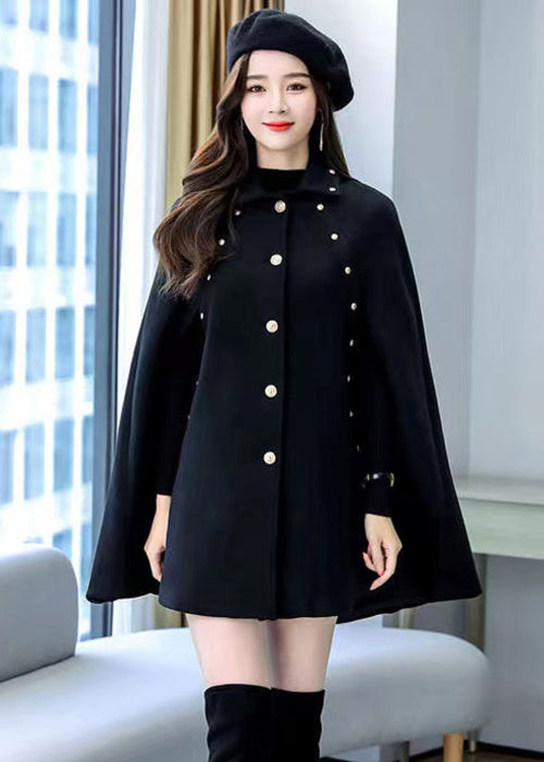 Plus Size Black Rivet Button Thick Woolen Cape Coat Sleeveless