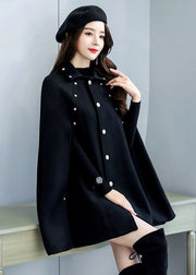 Plus Size Black Rivet Button Thick Woolen Cape Coat Sleeveless