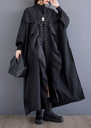 Plus Size Black Ruffled Asymmetrical Patchwork Cotton Trench Spring