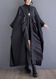 Plus Size Black Ruffled Asymmetrical Patchwork Cotton Trench Spring