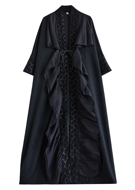 Plus Size Black Ruffled Asymmetrical Patchwork Cotton Trench Spring