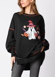 Plus Size Black Sequins Low High Design Cotton Sweatshirt Fall