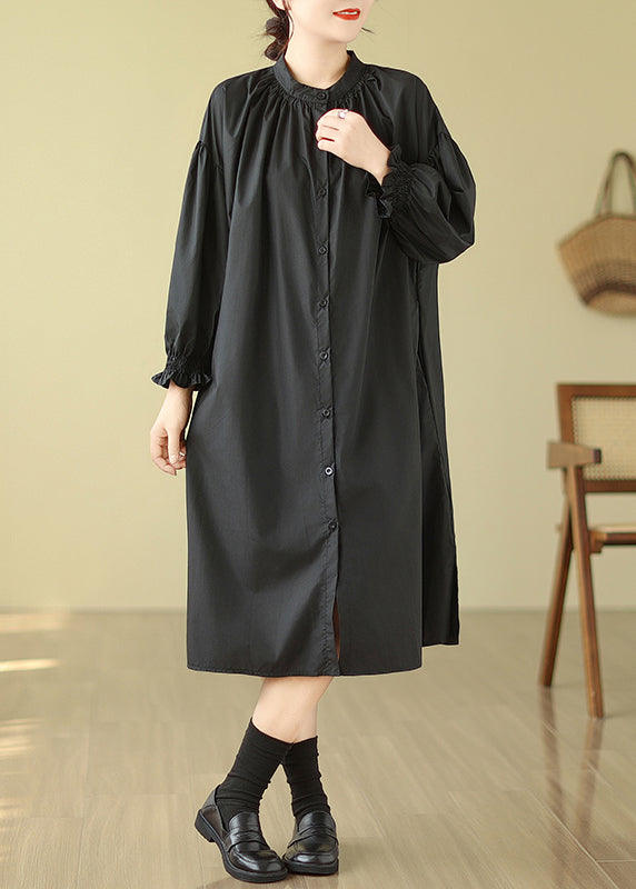 Plus Size Black Stand Collar Button Patchwork Cotton Shirts Dress Lantern Sleeve