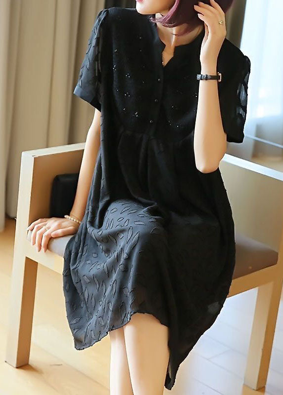 Plus Size Black Stand Collar Patchwork Jacquard Chiffon Maxi Dresses Summer