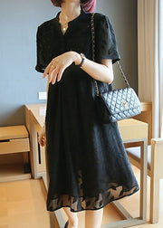 Plus Size Black Stand Collar Patchwork Jacquard Chiffon Maxi Dresses Summer