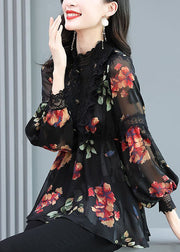 Plus Size Black Stand Collar Patchwork Print Chiffon Shirt Top Spring