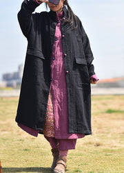 Plus Size Black Stand Collar Pockets Linen Coat Spring