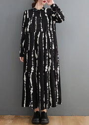 Plus Size Black Stand Collar Print Button Maxi Shirts Dresses Fall