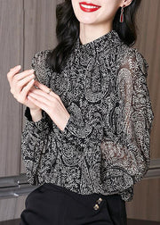 Plus Size Black Stand Collar Print Chiffon Blouses Long Sleeve