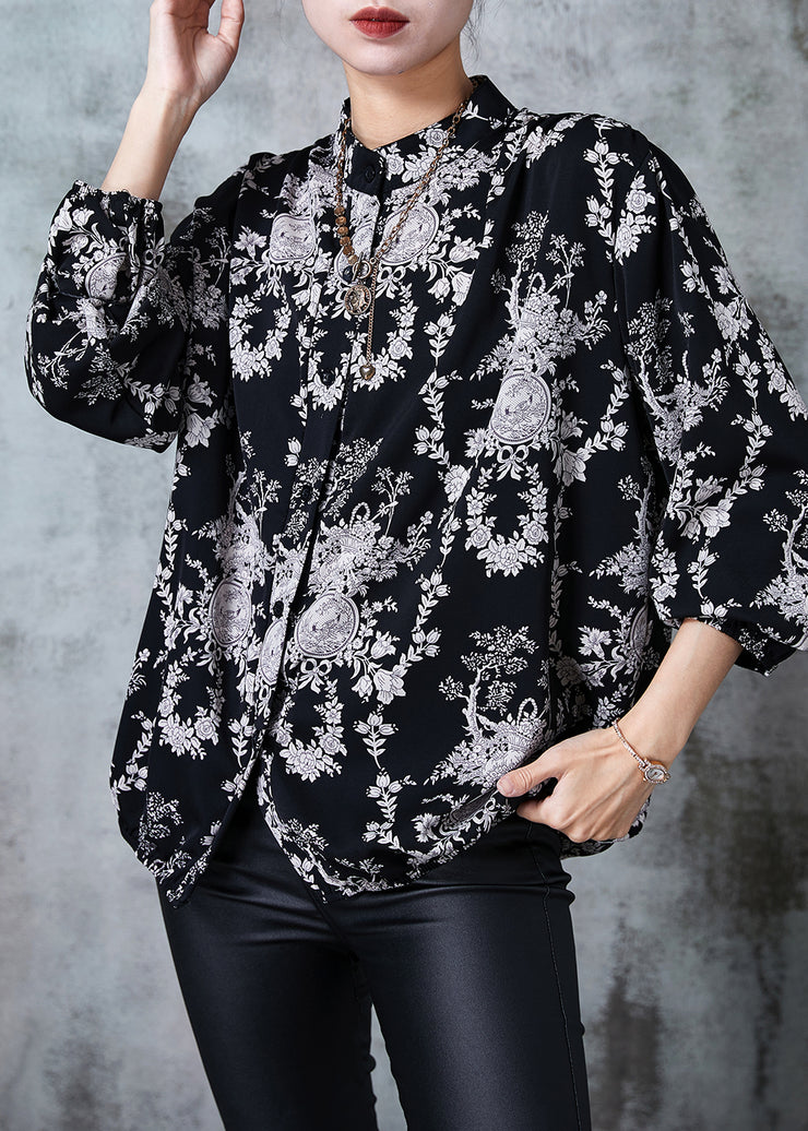 Plus Size Black Stand Collar Print Chiffon Shirts Summer