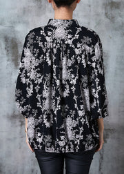 Plus Size Black Stand Collar Print Chiffon Shirts Summer