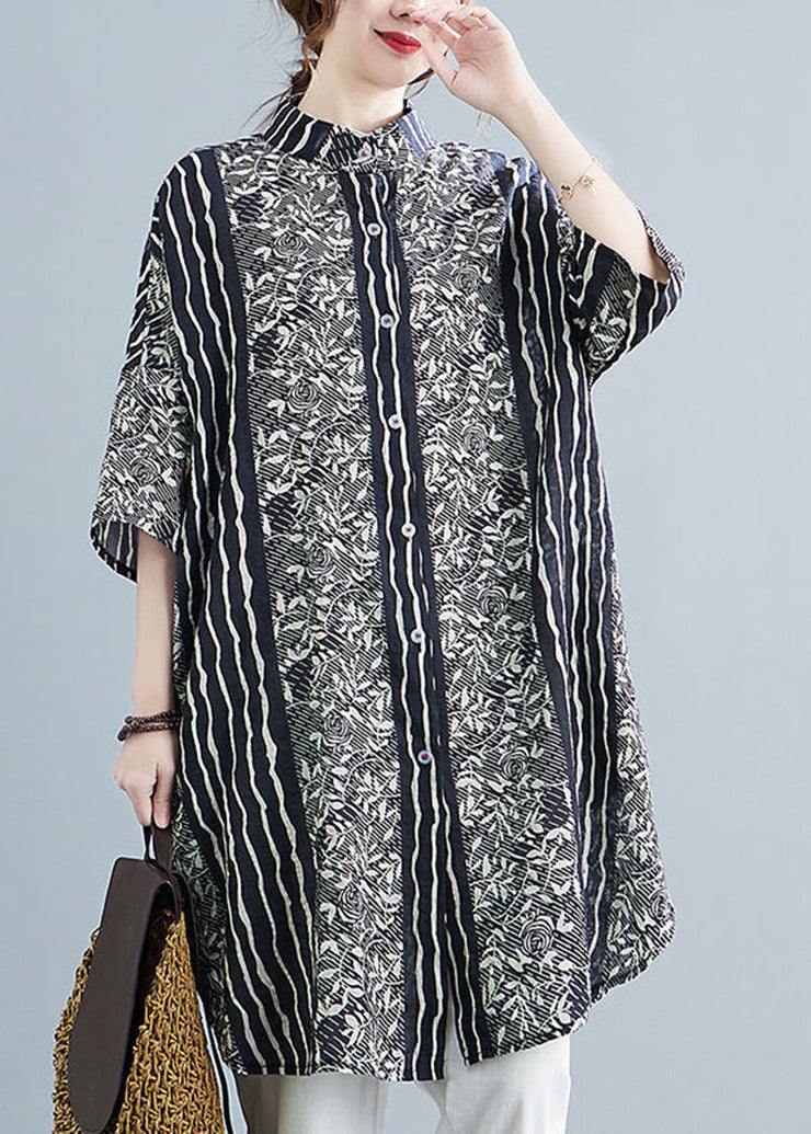 Plus Size Black Stand Collar Print Linen Shirt Dress Summer