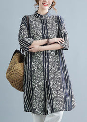 Plus Size Black Stand Collar Print Linen Shirt Dress Summer