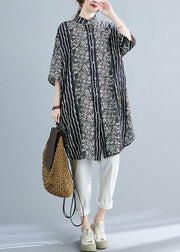 Plus Size Black Stand Collar Print Linen Shirt Dress Summer