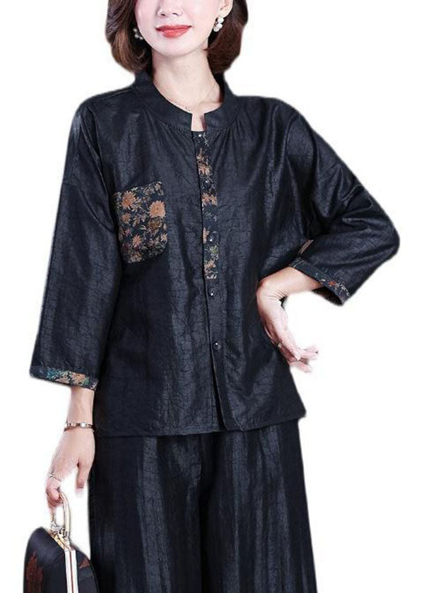 Plus Size Black Stand Collar Wrinkled Patchwork Silk Coats Bracelet Sleeve