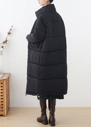 Plus Size Black Stand Collar Zippered Thick Long Parka Winter