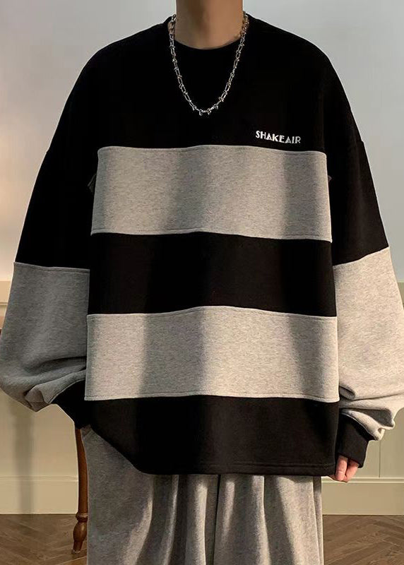 Plus Size Black Striped Patchwork Cotton Men Sweatshirt Fall