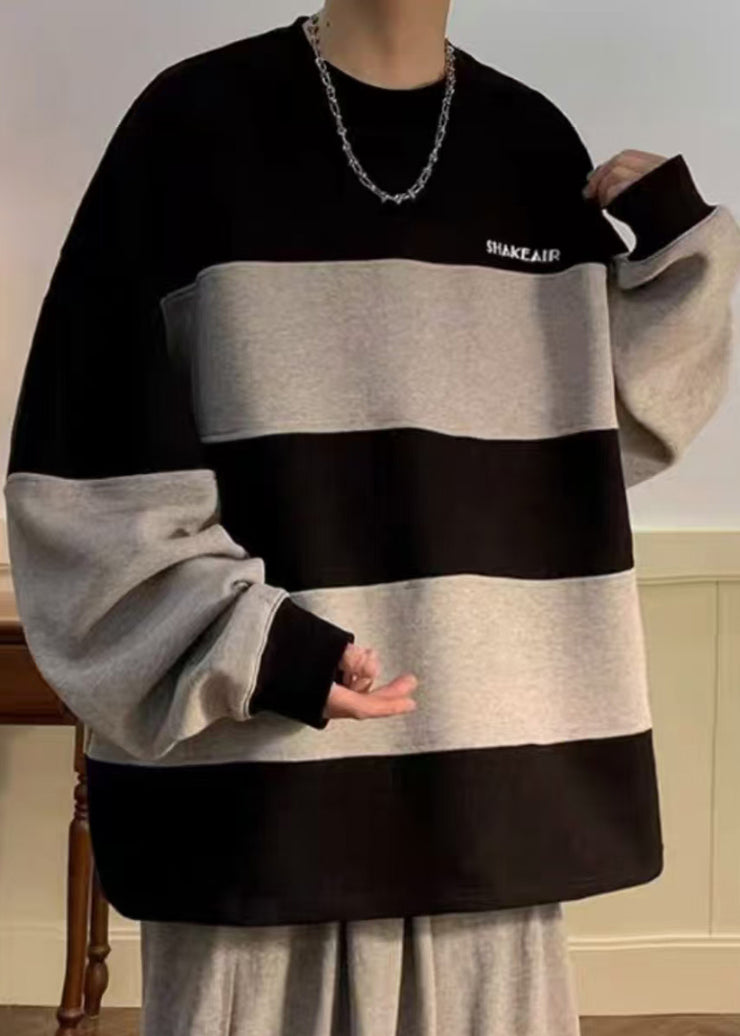 Plus Size Black Striped Patchwork Cotton Men Sweatshirt Fall