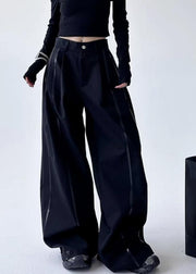 Plus Size Black Striped Patchwork Pockets Lantern Pants Spring