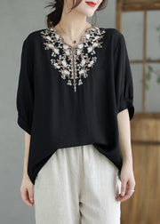 Plus Size Black V Neck Embroidered Cotton Blouses Summer