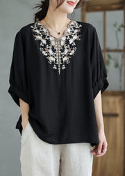 Plus Size Black V Neck Embroidered Cotton Blouses Summer