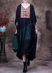 Plus Size Black V Neck Embroideried Patchwork Wrinkled Silk Dresses Long Sleeve