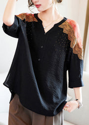 Plus Size Black V Neck Lace Patchwork Tops Spring