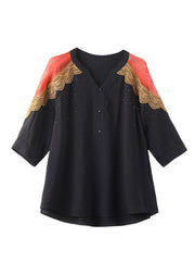 Plus Size Black V Neck Lace Patchwork Tops Spring