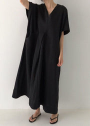 Plus Size Black V Neck Oversized Linen Long Dress Short Sleeve