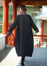 Plus Size Black V Neck Patchwork Fine Cotton Filled Long Coats Winter