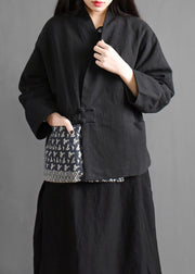 Plus Size Black V Neck Pockets Patchwork Fine Cotton Filled Coat Batwing Sleeve