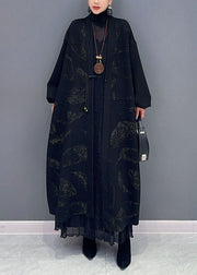 Plus Size Black V Neck Print Button Maxi Coat Fall