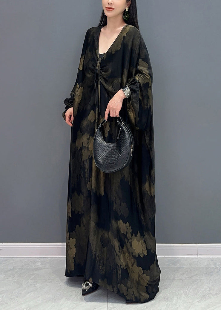 Plus Size Black V Neck Print Holiday Maxi Dress Long Sleeve