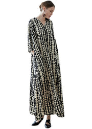 Plus Size Black V Neck Print Pockets Chiffon Robe Dresses Summer