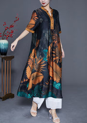 Plus Size Black V Neck Print Silk Long Dress Summer