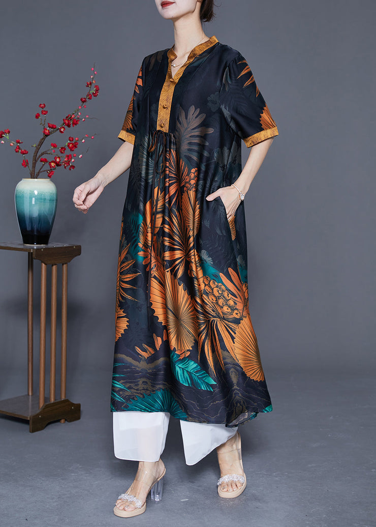 Plus Size Black V Neck Print Silk Long Dress Summer