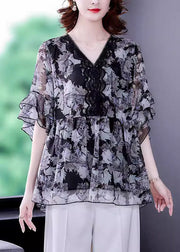 Plus Size Black V Neck Ruffled Print Chiffon Shirt Half Sleeve