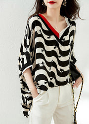 Plus Size Black V Neck Striped Low High Design Chiffon Tops Half Sleeve