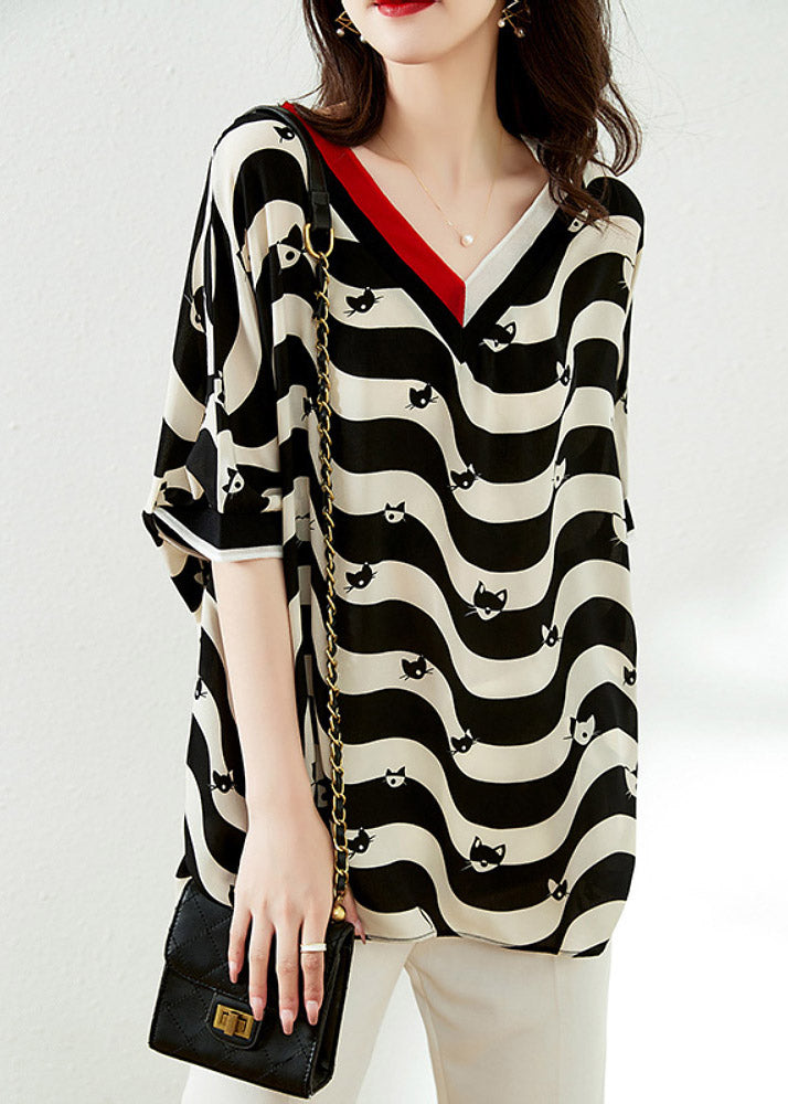 Plus Size Black V Neck Striped Low High Design Chiffon Tops Half Sleeve