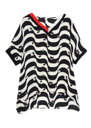 Plus Size Black V Neck Striped Low High Design Chiffon Tops Half Sleeve