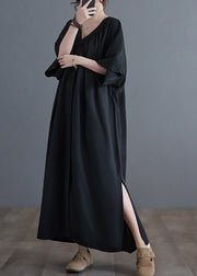 Plus Size Black V Neck Wrinkled Maxi Dresses Summer