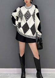 Plus Size Black White Plaid O-Neck Knit Sweaters Fall