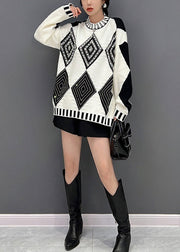 Plus Size Black White Plaid O-Neck Knit Sweaters Fall