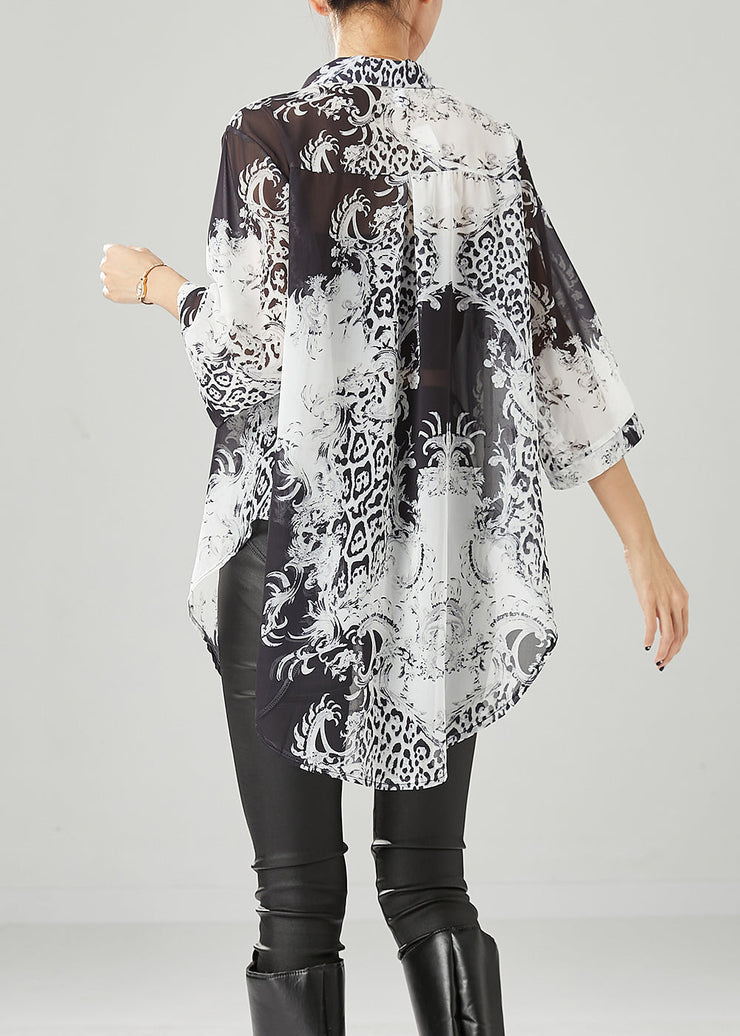 Plus Size Black White Print Oversized Chiffon Blouses Half Sleeve