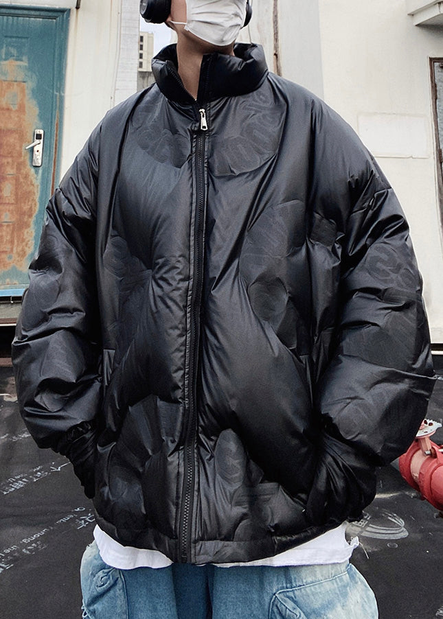 Plus Size Black Zip Up Letter Duck Down Men Coats Winter