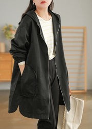 Plus Size Black Zip Up Solid Color Cotton Trench Coats Fall