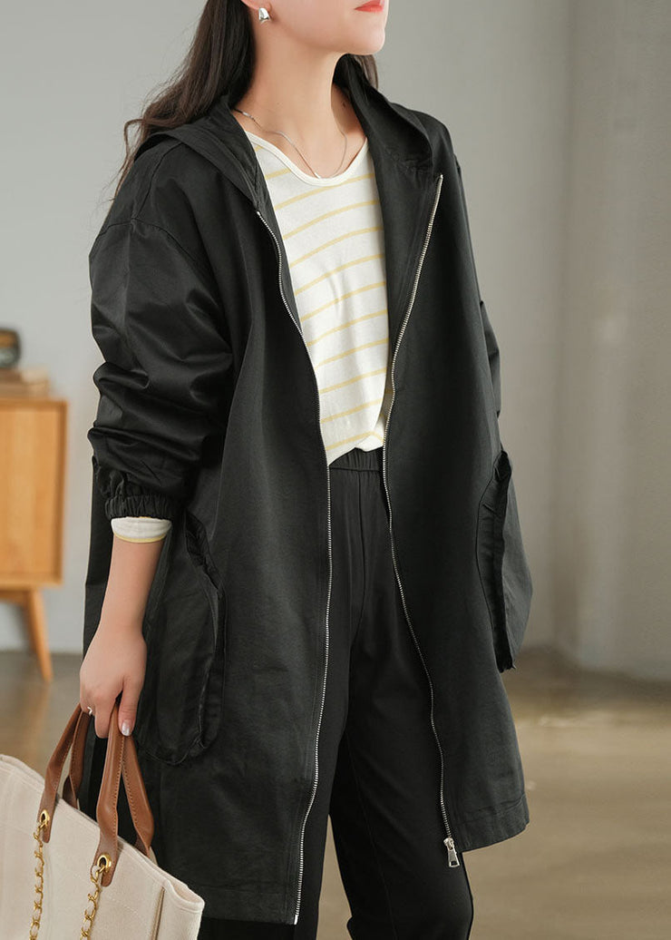 Plus Size Black Zip Up Solid Color Cotton Trench Coats Fall