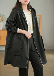 Plus Size Black Zip Up Solid Color Cotton Trench Coats Fall