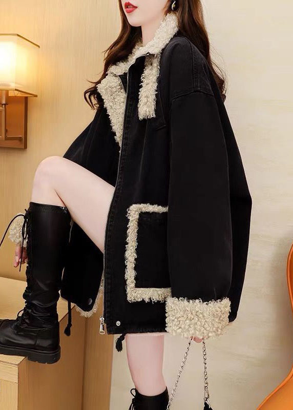 Plus Size Black Zippered Pockets Patchwork Warm Fleece Coats Long Sleeve